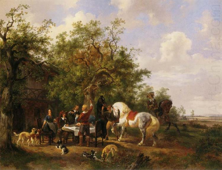 Compagny with horses and dogs at an inn, Wouterus Verschuur